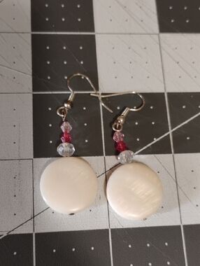 Handmade White Mother-of-Pearl Drop Earrings with Pink Accent Beads